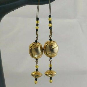 VINTAGE 80'S GOLD TONE & BLACK BEAD STATEMENT DANGLE PIERCED EARRINGS WIRE